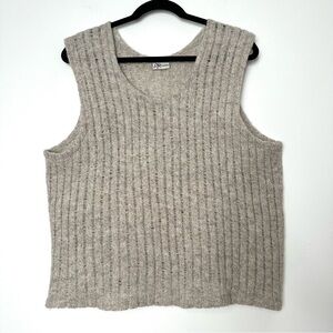 Boho Goblincore Taupe 100% Wool Ribbed Knit Sweater Vest Earthy Minimalist Cozy